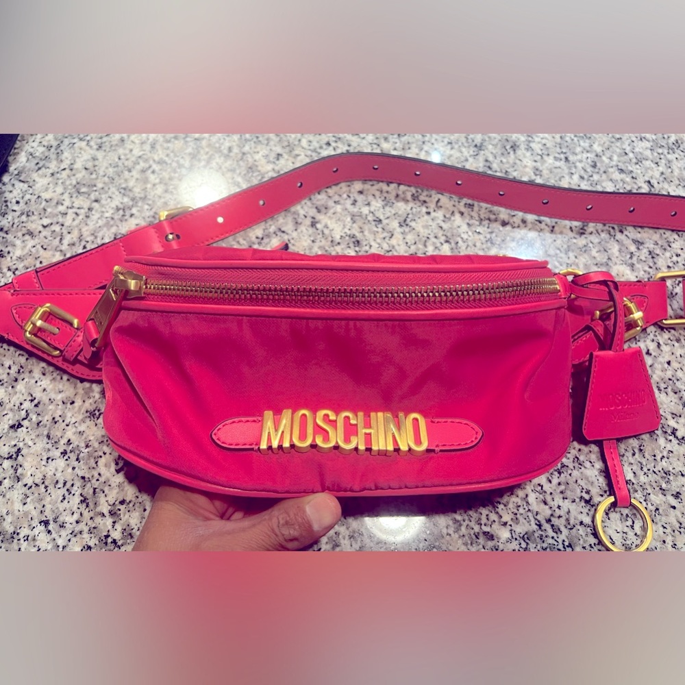 **SOLD**Moschino Pink Nylon and Leather Crossbody Waist Bag